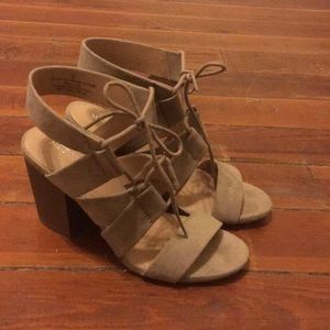 Tan suede lace up heeled sandals
